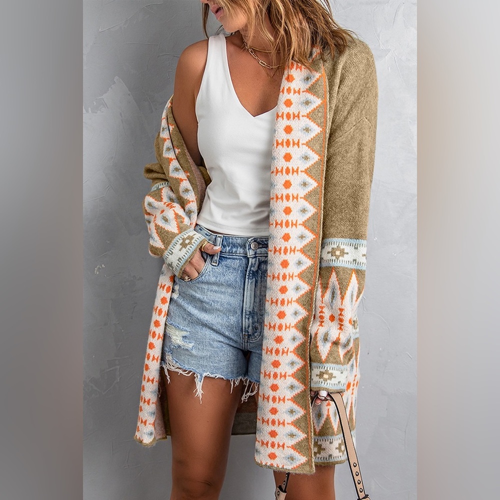 Geo Print Open Front Long Turtleneck Knitted Cardigan tan